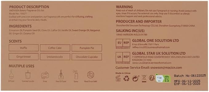 Bakery Essential Oils Gift Set, SNOWSEN Dessert Fragrance Oils for Diffuser for Home, Pumpkin Pie, Waffle, Coffee Cake, Chocolate Cupcake, Gingerbread, Snickerdoodle Aromatherapy Oils