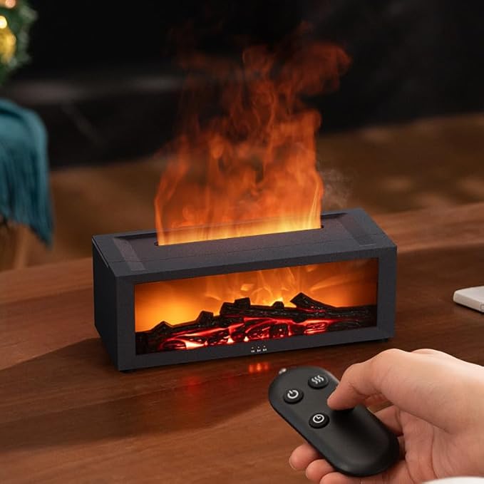 Eseential Oil Diffuser, Fireplace Flame Oil Diffuser - Aromatherapy Aroma Humidifier, Upgrade 7 Flame Colors Noiseless 150ml Remote Control - Perfect for Bedroom Home Office (Fireplace Black)