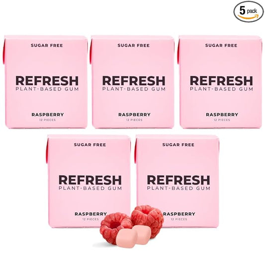 Refresh Gum, Xylitol, Natural, Sugar Free, Chewing Gum, Plastic Free, Natural Flavors & Organic Ingredients, Non GMO, Gluten Free, Vegan, 12 Count (Pack of 5), Raspberry