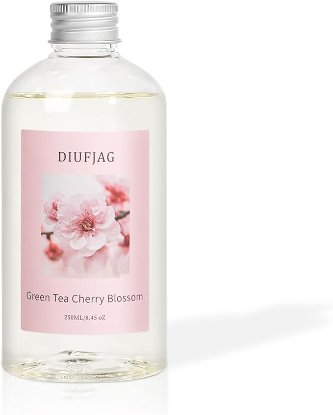 Green Tea Cherry Blossom Diffuser with 20 Black Fiber Sticks, 6.7 oz Diffusers for Home Essentials Bathroom,Last up to 60 Days(200ml