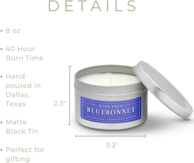 River Birch Premium, All-Natural, Non-Toxic Soy Wax Candle | Bluebonnet Scented | 8 oz. Silver Travel Tin | Cozy Relaxing Gifts for Home