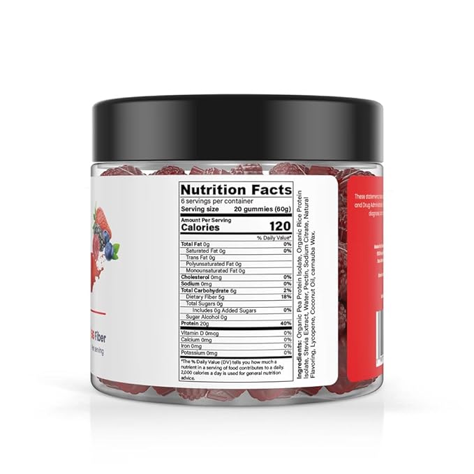 120 Sugar Free Protein Gummies with 20g per serving & High Fiber | High Protein Snacks| Healthy Snacks for Adults| Plant Based | Fiber Gummies for Adults| Low carb 1g Net Carb, Stevia, Natural Flavor.
