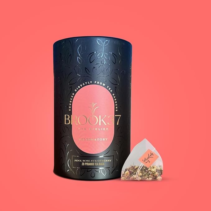 Brook37 Pink Rose Strawberry Eco Herbal Tea - Luxury Caffeine-Free Floral Blend with Hibiscus, Rose, Strawberry & Elderberry | Cold Brew or Mocktail | 20 Biodegradable Pyramid Bags | Elegant Gift for Tea Lovers