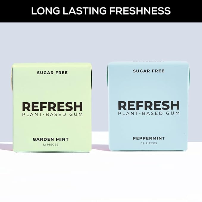 Refresh Gum, Xylitol, Natural, Sugar Free, Chewing Gum, Plastic Free, Natural Flavors & Organic Ingredients, Non GMO, Gluten Free, Vegan, Peppermint & Garden Mint