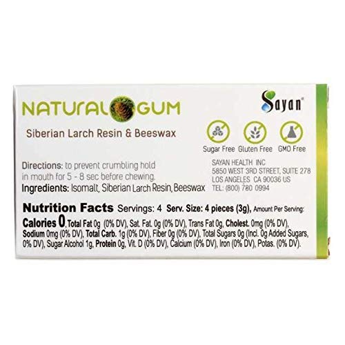 Sayan Sugar Free All Natural Gum, Siberian Larch Tree Resin and Beeswax Chewing Gum for Fresh Breath, Vegetarian, Non-GMO, No Sugar, Gluten Free, Aspartame Free, No Preservatives - 4 Packs (64 Pieces)