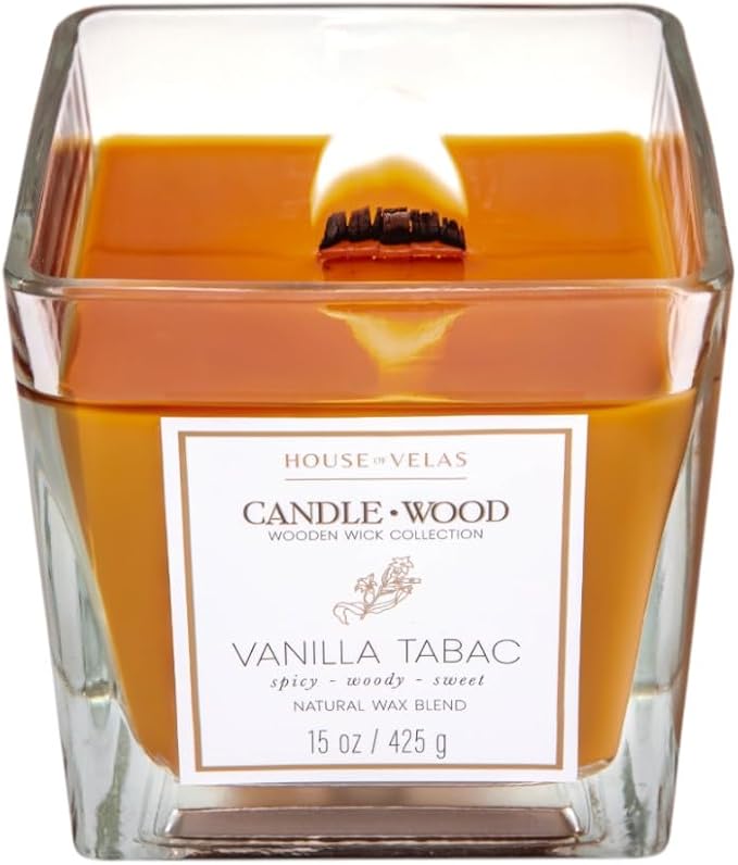 Candle Wood Collection, 15 oz, 1 Wooden Wick, Setting Sun, Square Glass Jar Candle