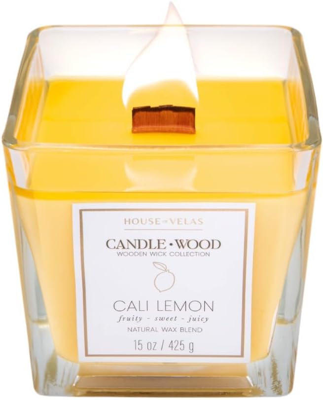 Candle Wood Collection, 15 oz, 1 Wooden Wick, Cali Lemon, Square Glass Jar Candle