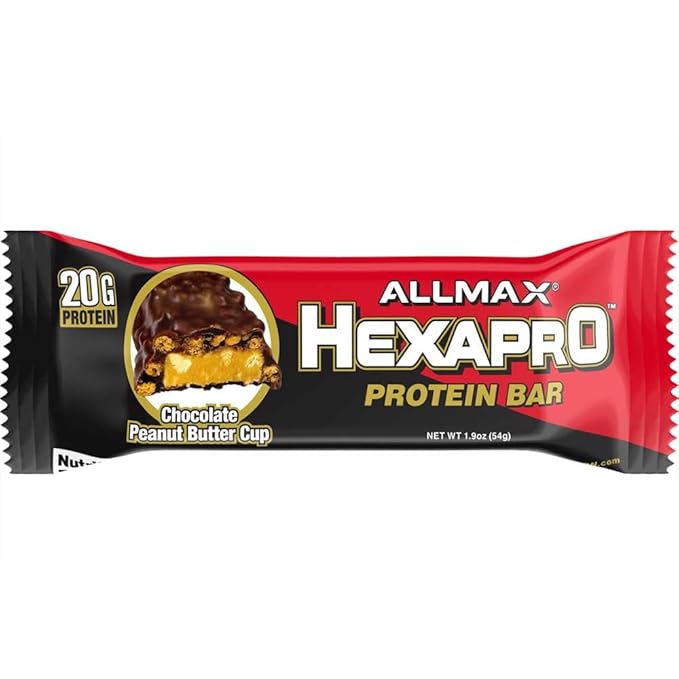 ALLMAX HEXAPRO PROTEIN BAR, Chocolate Peanut Butter Cup - Pack of 12 - High-Protein Energy Snack - 20 g of Protein Per Bar - With Whey Protein Isolate