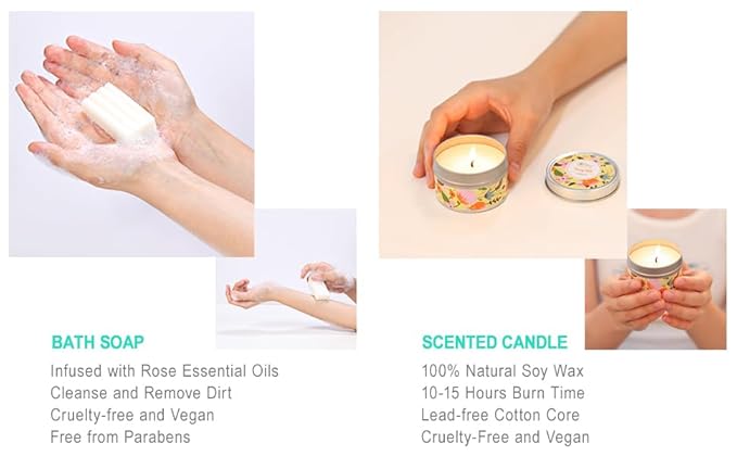 4PC Rose Water Lotion Gift Set: Hand & Foot Cream, Soap, Scented Candle - Body Care for All Skin Types Skin Care Gift Set for Women, Mothers Day Gifts for Mom Gifts, Birthday Gifts for Women