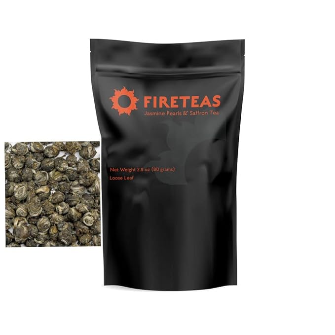 FIRE TEAS Imperial Jasmine Dragon Pearls Tea with Saffron - Rolled Green Tea Pearls, Delicious, Strong Aroma & Taste