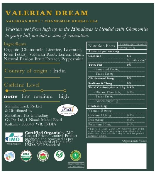 Luxmi Estates - Valerian Dream - Organic Valerian Root Tea for Sleep - Loose Leaf - 50g (25 Cups) | with Valerian Root, Chamomile & Lavender | Perfect Wellness Sleep Tea