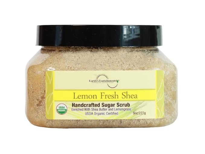 Sugar Scrub USDA Organic and Vegan, Lemongrass Body Scrub with Shea Butter, Refreshing, Gentle Exfoliant, Great for Rough, Dry Skin, Feet and Elbows, Coconut Oil and Avocado Oil, 8oz