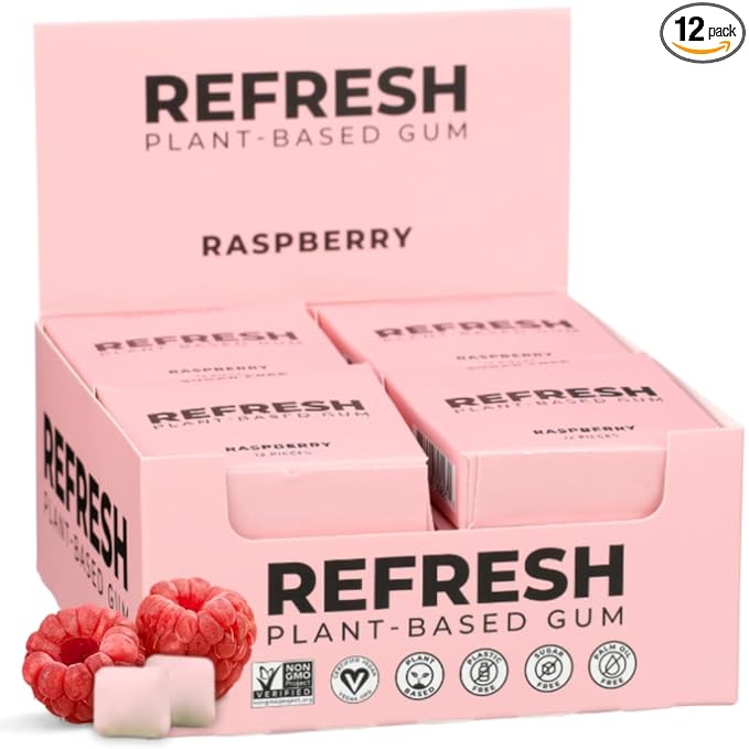 Refresh Gum, Xylitol, Natural, Sugar Free, Plastic Free, Natural Flavors & Organic Ingredients, Plant-Based, Low Calorie, Non GMO, Gluten Free, Vegan, Raspberry Flavor, 12 Pcs, 12 Pack