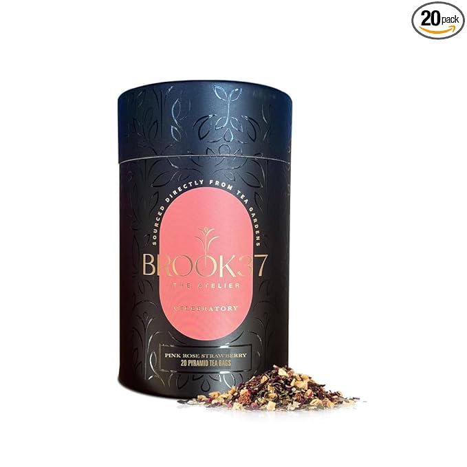 Brook37 Pink Rose Strawberry Eco Herbal Tea - Luxury Caffeine-Free Floral Blend with Hibiscus, Rose, Strawberry & Elderberry | Cold Brew or Mocktail | 20 Biodegradable Pyramid Bags | Elegant Gift for Tea Lovers