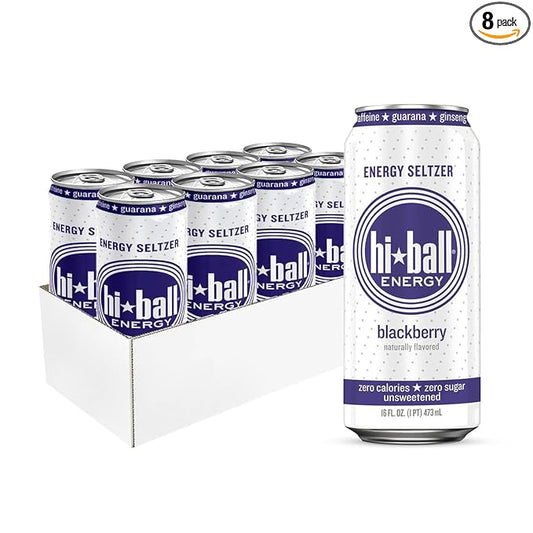 Hiball Clean Energy Seltzer Water, Caffeinated Sparkling Water Made with Vitamin B12 and Vitamin B6, Sugar Free 16 Fl Oz (Pack of 8), Blackberry