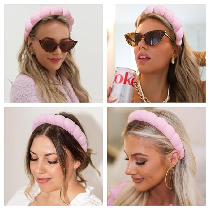 Spa Headbands for Washing Face or Makeup, Sponge Bubble Skincare Headbands, Puffy Terry Cloth Hairband for Women, Skin Care Makeup Headwear Hair Accessories for Girls(Pink)