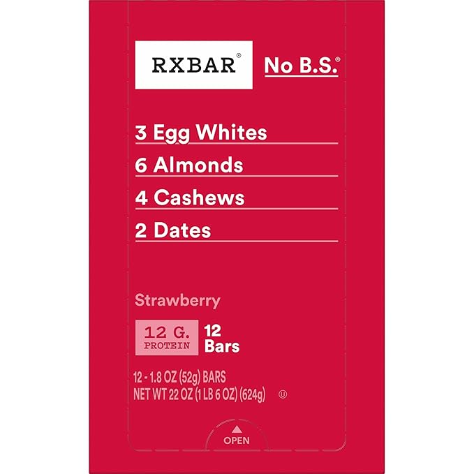 RXBAR Protein Bars, 12g Protein, Gluten Free Snacks, Strawberry, 22oz Box (12 Bars)