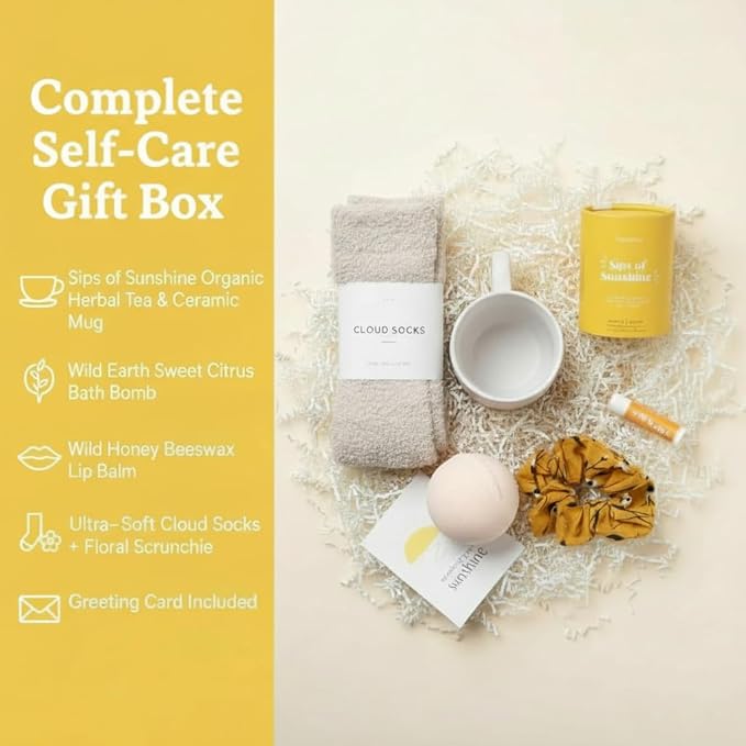 Unboxme Sunshine Care Package for Women, Spa Gift Basket with Tea, Mug, Bath Bomb, Candle, Cozy Socks, Thinking of You, Get Well, Birthday