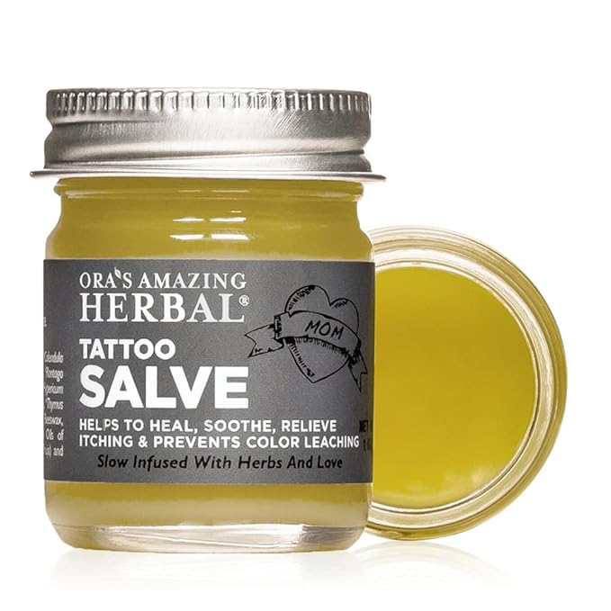 Ora's Amazing Herbal Tattoo Salve, Tattoo Aftercare Balm, Paraben Free Healing OIntment For New Tattoos, Brightening Moisturizer For Old Ink, Itchy Tattoo Relief Cream, Plastic Free, 1 oz Travel Size