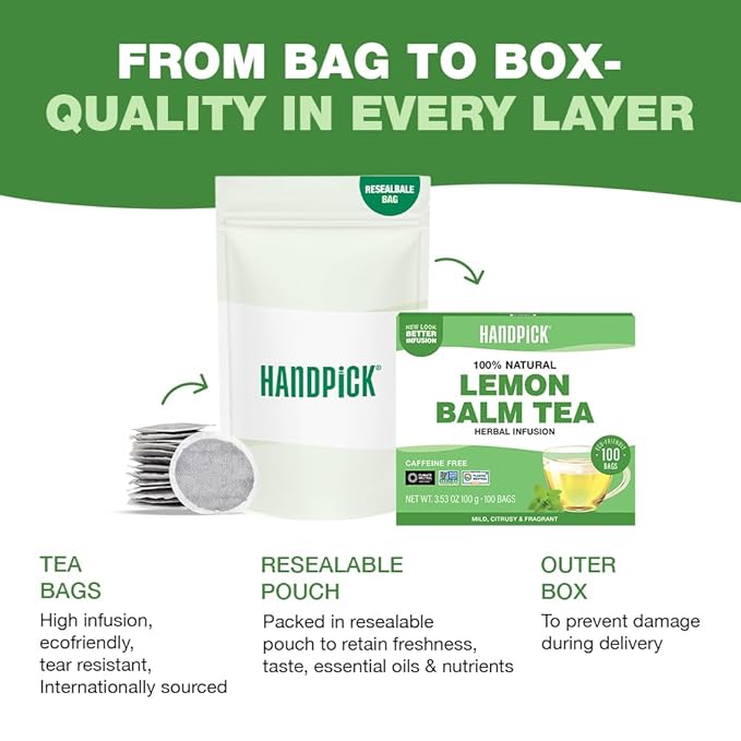HANDPICK Lemon Balm Tea Bags – 100 Count | 100% Pure & Naturally Dried | Caffeine-Free Herbal Tea with Citrus Flavor & Aroma | Premium Lemon Balm Leaf for Calming and Digestion Support