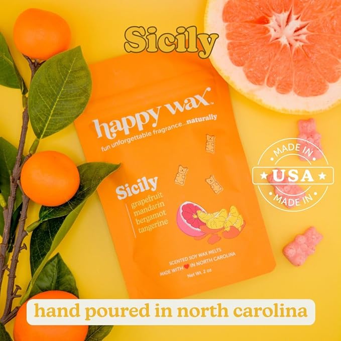 Happy Wax Sicily Scented Soy Wax Melts - Natural Strong Scented Summer, Infused with Essential Oils - Non Toxic & Pet Safe - (8 oz Pouch)