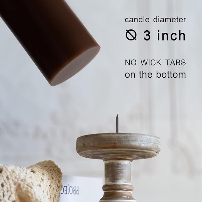 MOZEAL 3" x 8" Hand-Poured Unscented Large Candle,Smokeless Rustic Pillar Candle Set of 2,Slow Burn,No Drip,Approx 150 Hours Burning,Wedding,Dinner,Christmas and Home Decorative,Tall Brown Candle