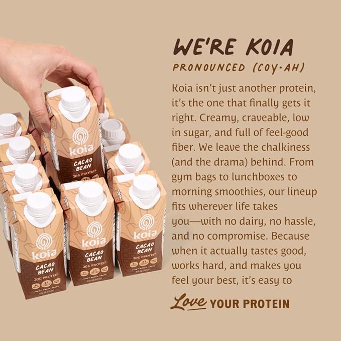 Koia Plant Based Protein Shake, Cacao Bean, 20g Protein, 3g Sugar, 6g Prebiotic Fiber, 21 Vitamins & Minerals, Meal Replacement Drinks, Dairy-Free, Gluten-Free, Non-GMO, 11 Fl Oz (Pack of 12)