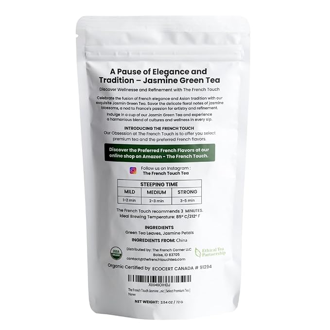 The French Touch Jasmine Green Tea ORGANIC | 2.5g x 30 Pyramid Bags | 100% Certified USDA Organic | Plant based tea bags | Select Premium Tea (Jasmine Green)