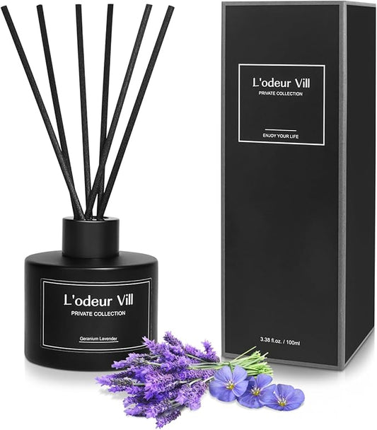 L'odeur Vill Reed Diffuser, 3.4oz(100ml) Lavender Geranium Diffuser Set with 6 Oil Diffuser Sticks, Matte Black Aroma Scent Diffuser, Long Lasting Home Fragrance for Bathroom Shelf Decor