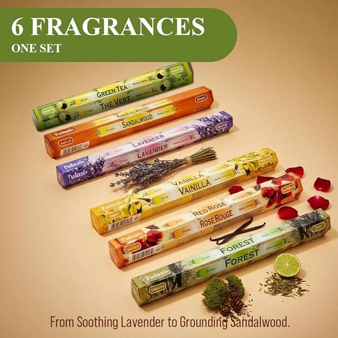 Tulasi Incense Sticks with Natural Oils Set of 6 Fragrances (120 Sticks) Hand Rolled Incense Sticks, Calming Home Aromatherapy, Meditation, Relaxing, Mixed Scents with Natural Oils, Thanks Giving