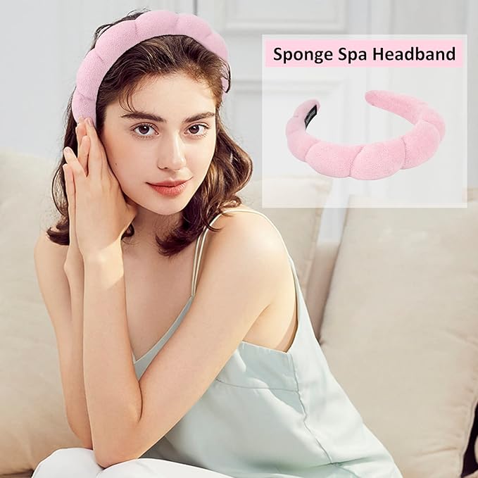 AMCAMI 2PCS Mimi and Co Spa Headband for Women Sponge Headbands for Girls Terry Towel Cloth Fabric Head Band for Face Washing, Skincare, Makeup Removal, Shower, Hair Accessories (Pink&Blue)