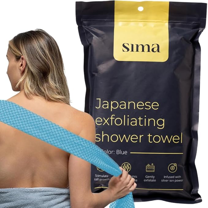 Exfoliating Washcloth Face & Body Scrub Towel - Japanese Exfoliating Towel with Hexagon Fibers, Body Scrubber with 2 Sides for Scrubbing & Washing, Extra Long Body Towel (Blue)