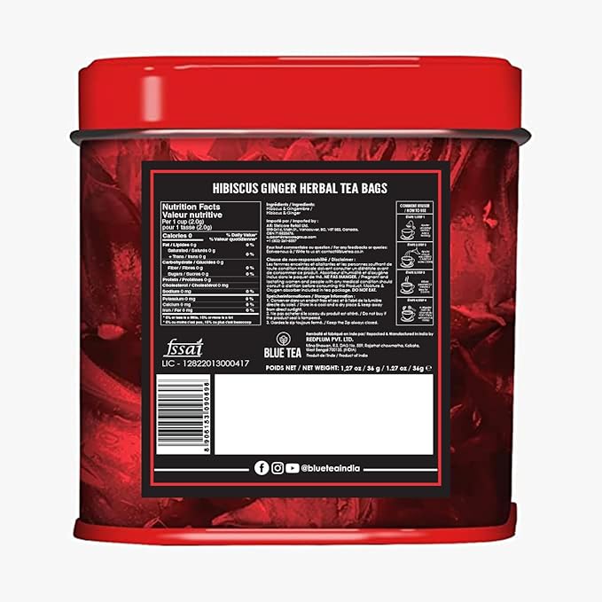 BLUE TEA - Hibiscus Tea - 18 Count - Ginger - Pyramid Plant Based Tea Bag | SKIN GLOW ENHANCING TEA | Herbal Tea - Tangy & Spicy - Flower Based - Caffeine Free - Vegan | Reusable Tin Pack