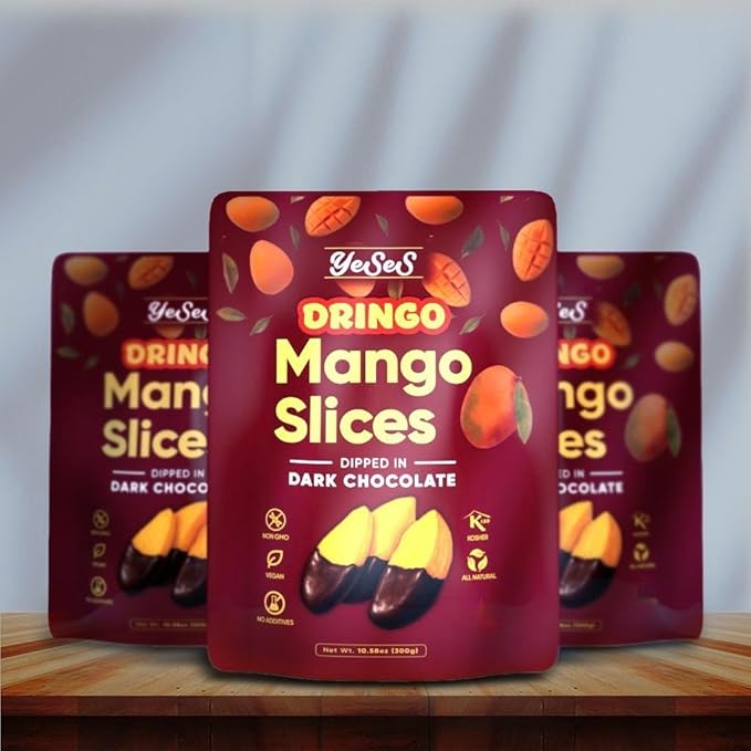 YeSeS Dringo Mango Slices Dipped in Dark Chocolate – Premium Dried Mango Snack, Non-GMO, Vegan, Kosher, All-Natural, No Additives, 10.58 oz (300g) Resealable Bag (2 Pack)
