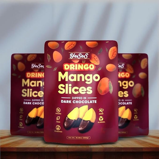 Mango Slices Dipped in Dark Chocolate –Yeses Dringo Premium Dried Mango Snack, Non-GMO, Vegan, Kosher, All-Natural, No Additives, 10.58 oz (300g) Resealable Bag (3 Pack)