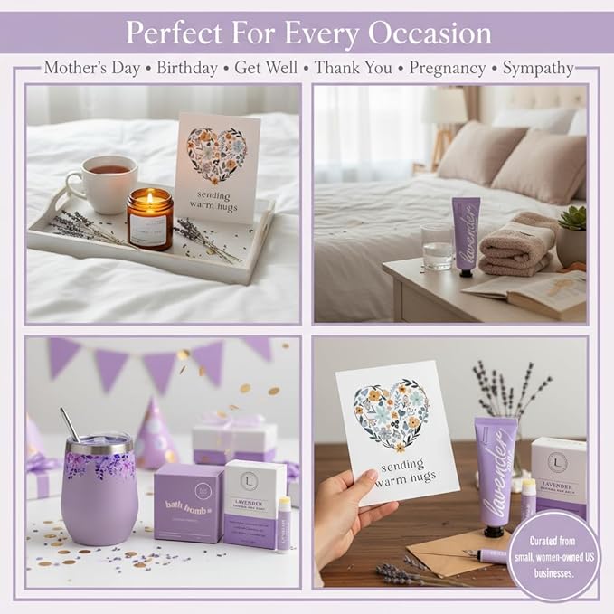 Unboxme Lavender Spa Gift Basket For Women - Mother's Day Relaxation Gift Set with Scented Candle, Wine Tumbler, Bath Bomb, Soap, Socks & Hand Cream - Self Care Package with Card