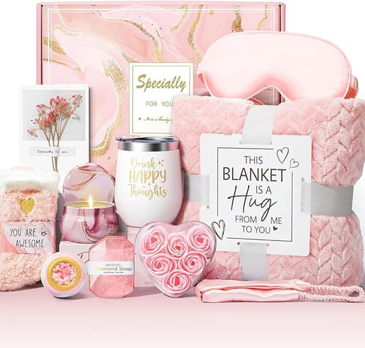Self Care Gifts for Women Pink Birthday Gift Set Spa Gift Set 11 Unique Get Well Soon Package Thinking of You Inspirational Mothers Day Baskets for Mom Wife Friend Sister