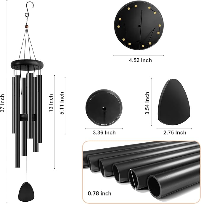 Large Aluminium Wind Chimes 37 Inches to Create a Zen Atmosphere Suitable for Outdoor, Garden, Patio Decoration. Classic Wind Chimes with Wind Catcher as a Gift for Unisex(Whole Black)