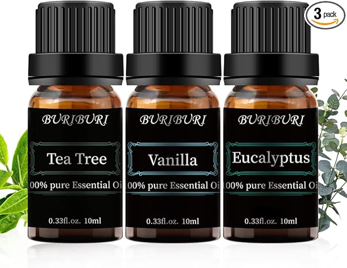 BURIBURI Tea Tree, Eucalyptus and Vanilla Essential Oil Set, 100% Pure 3Pcs Essential Oils Gift Set for Diffusers