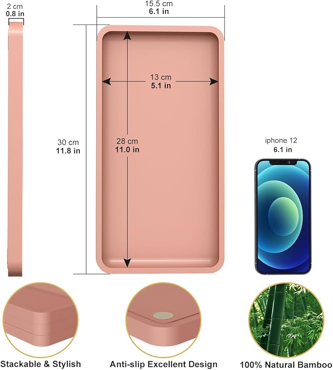 Bathroom Vanity Tray for Countertop - Bamboo Organizer Tray for Dresser Tops, Toilet, Perfume Small Decorative Tray Wood Tray for Home Decoration 11.81” L x 6.1” W x 0.79” H (Pink)