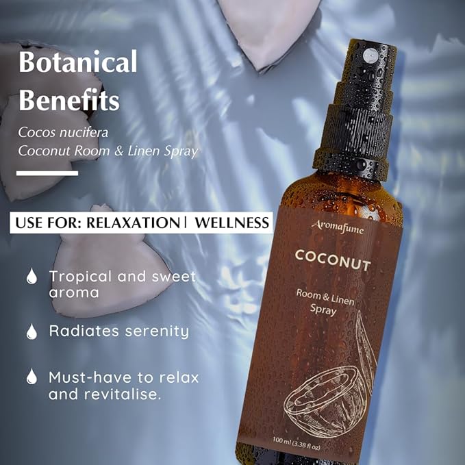 Coconut Room, Linen & Pillow Spray by Aromafume | 100ml/3.38 fl oz | with Pure Coconut Essential Oil | Aromatherapy Spray for Relaxation, Sleep & Stress Relief | Mist for Bedding, Fabrics