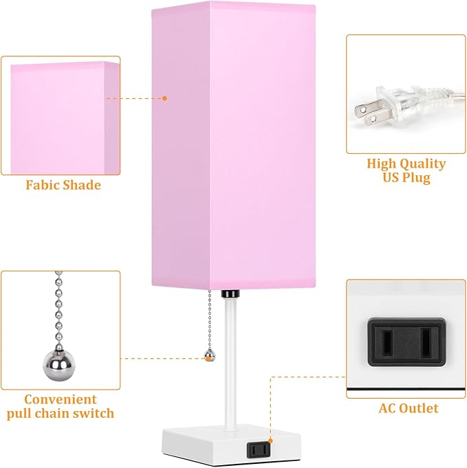 18'' Table Lamp for Bedroom set of 2,3-Color Bedside Lamps with Pull Chain Table Lamps for Night stands ,Small Night Light Lamps with 2 Bulbs Lamps for Living Room Kids Room Office Decor(Pink+White)
