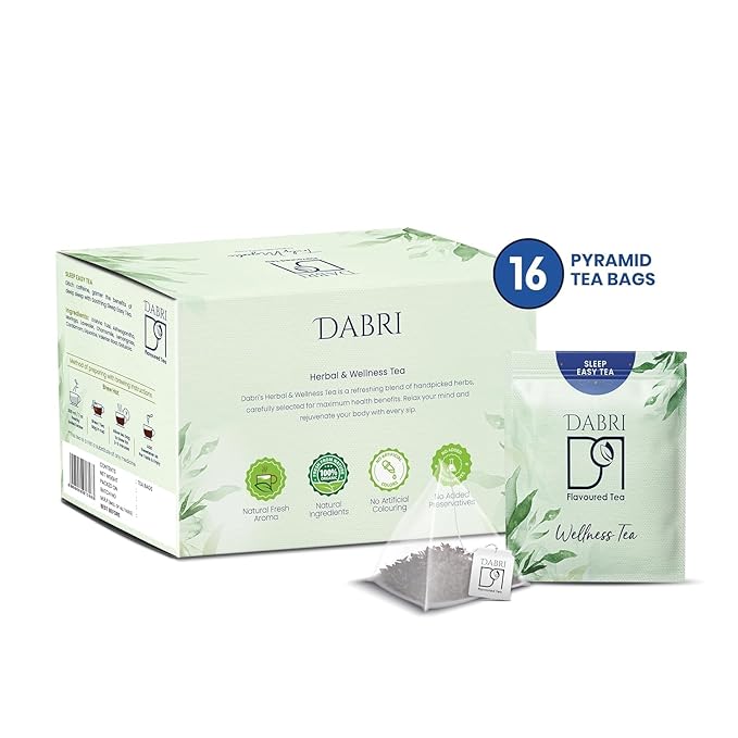 Dabri Sleep Easy Wellness Tea Bags 16 pyramid Tea bags | Rich Blend of Antioxidants Properties | Natural ingredients | Tulsi Herbal Tea (16 pyramid bags)