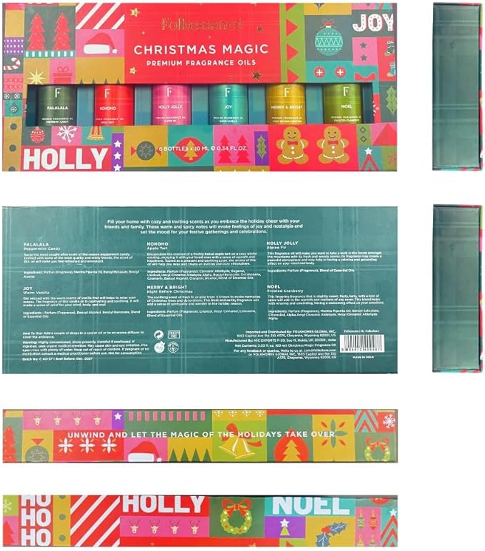 Folkulture Christmas Fragrance Oils for Diffuser as Gifts | Set of 6 Christmas Essential Oils Set for Diffusers for Home | Peppermint, Candy, Apple Tart, Cranberry, Vanilla (Christmas Magic)