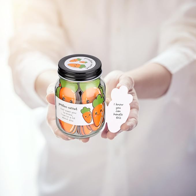 60 PCS Positive Carrot Emotional Support Gift Set Carrot Affirmation Cards with Glass Jar for Carrots Gifts Mental Health Gifts to Cheer Up Friends Positive Affirmations Cards for Women