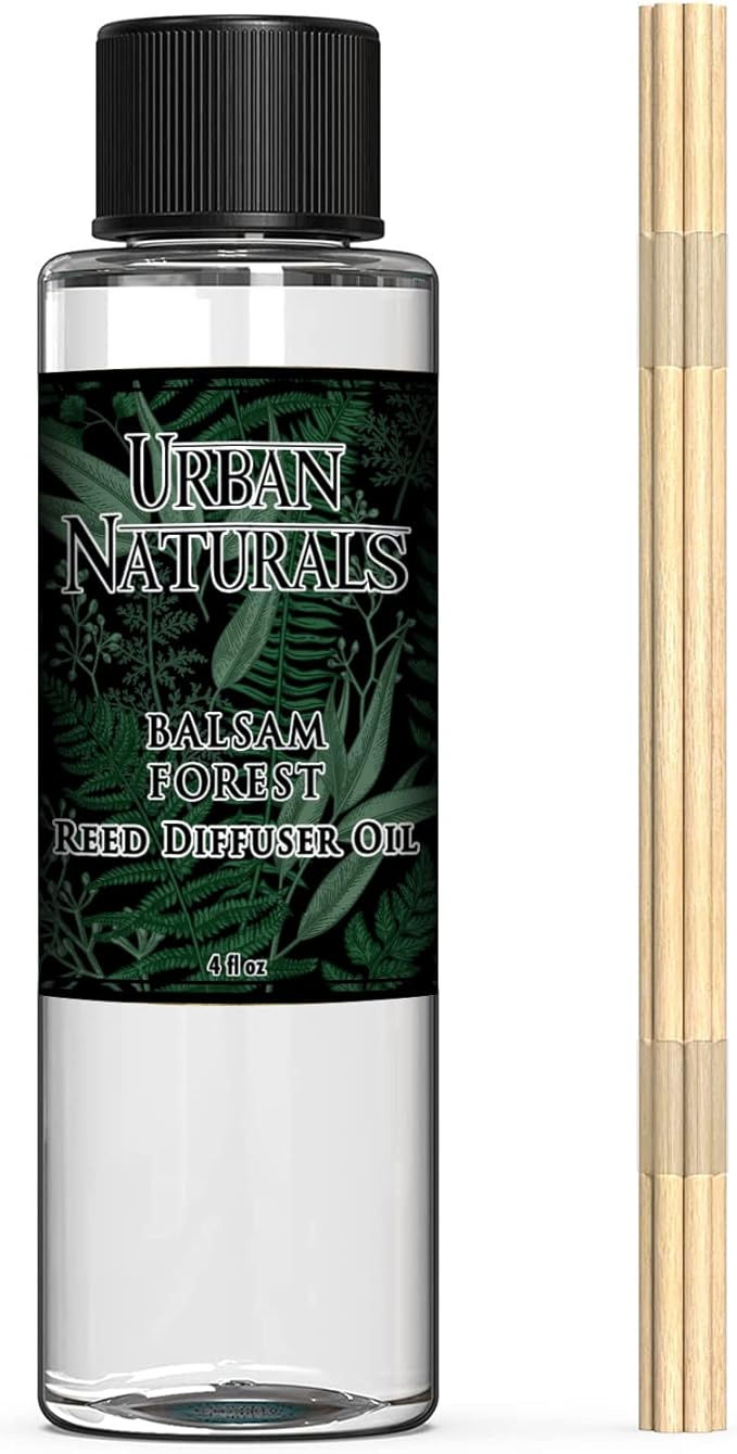 Urban Naturals Balsam Forest Oil Reed Diffuser Refill + Free Set of Reed Sticks - Fragrance Notes of Pine Fir Needles, Evergreen, Woodsy Cedar and Sandalwood β Vegan, 4 oz Made in The USA