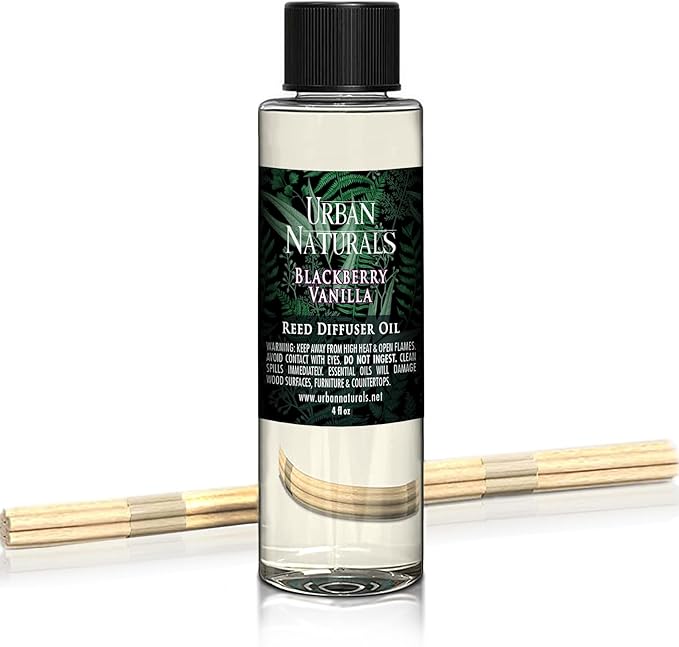 Urban Naturals Reed Diffuser Oil Refill, BlackBerry Vanilla Diffuser Oil with Blackberries, Vanilla, Patchouli, 4 oz + Free Reed Sticks, Made in The USA