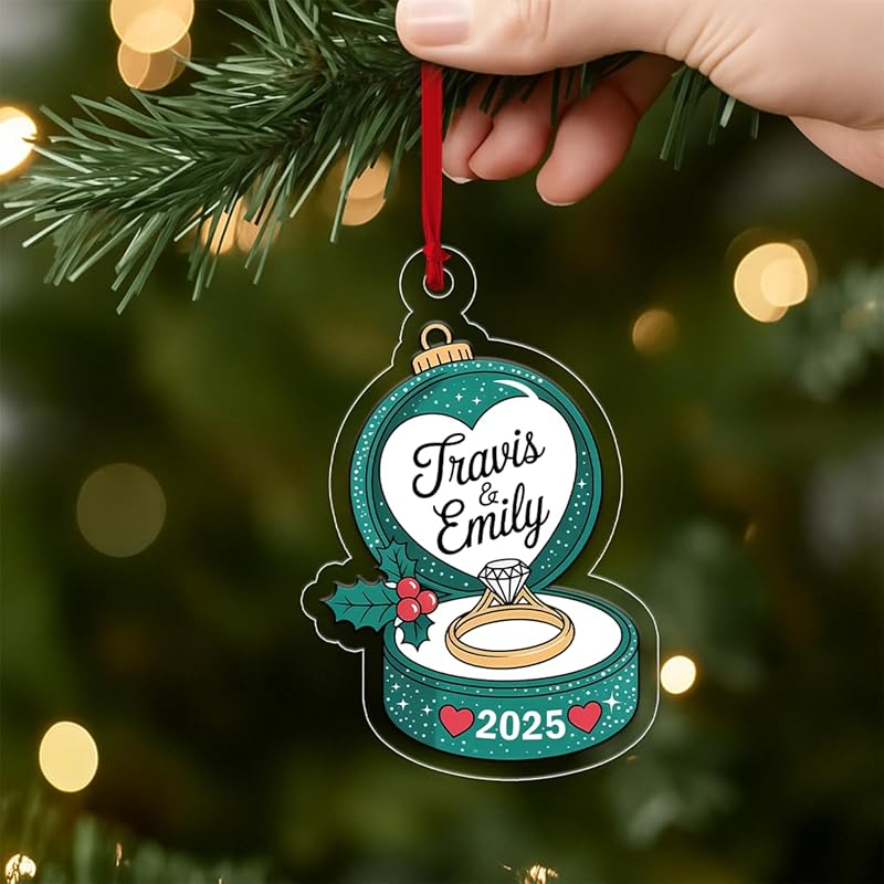 Personalized Engagement Ring Christmas Ornament, Couple Ornament, Engagement Gift for Her, Wedding Ornament, Newlywed Holiday Keepsake Acrylic Ornament β Personalized Christmas