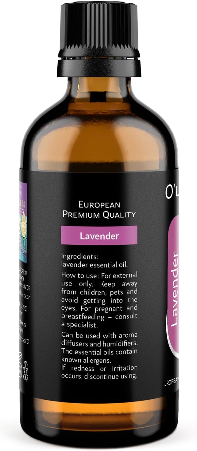 Pure Lavender Essential Oil by O'linear - Tension Relief Oil for Diffuser & Humidifier - Perfect Bedroom Essential for Deep Dreams - Lavender Scented Aromatherapy Oil Candle Making 3.4 FL Oz