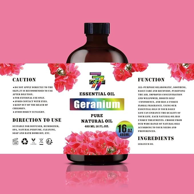Geranium Essential Oil (16 oz / 480 ml) – Geranium Oils for diffusers, humidifiers, Home Baths, Cleaning Products, Yoga, DIY Soaps and DIY Scented Candles